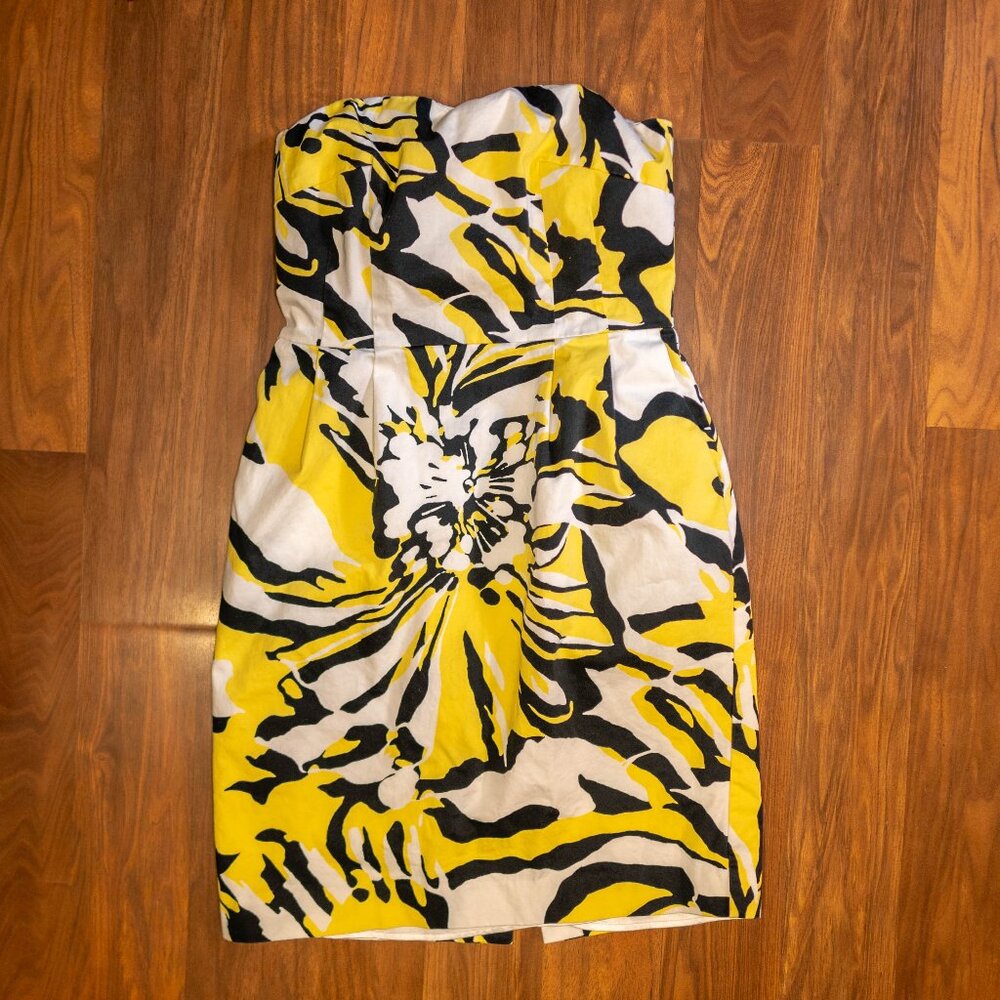 Express Design Studio Strapless Yellow Black Print Dress Women’s Size 6